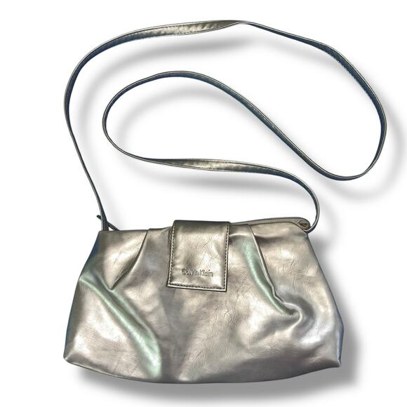 Calvin Klein Womens Faux Leather Evening Bag Crossbody Purse Metallic Gold - Picture 1 of 10